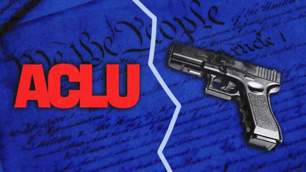 the ACLU logo and a handgun against a backdrop of the U.S. Constitution | Illustration: Tobias Frere-Jones/ACLU/Andrei Victor Calangiu/Zimmytws/Dreamstime