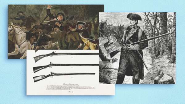 A collage of images related to the American Revolution depicting the use of long rifles | Album / Prisma/Newscom/Library of Congress/