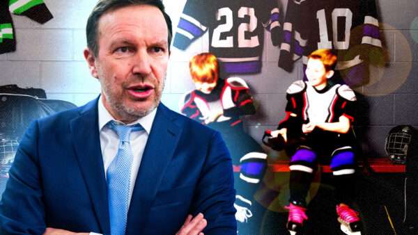 An illustration of Sen. Chris Murphy and a youth hockey locker room | Lorraine Swanson/Dreamstime/Tom Williams/CQ Roll Call/Newscom