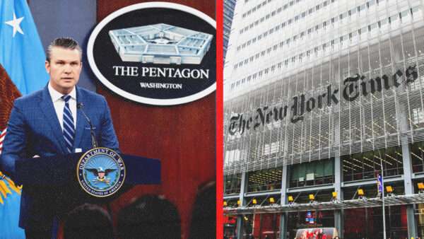 Pete Hegseth standing behind the podium at a Pentagon briefing on the left, The New York Times office on the right | Polaris/Newscom/Gabriel Robledo/Dreamstime