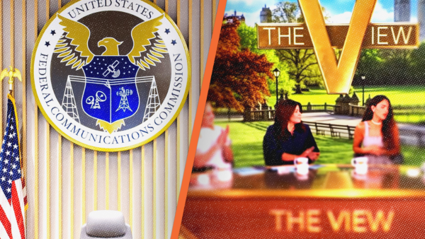 the seal of the Federal Communications Commission next to a still from The View | FCC/<i>The View</i>/YouTube