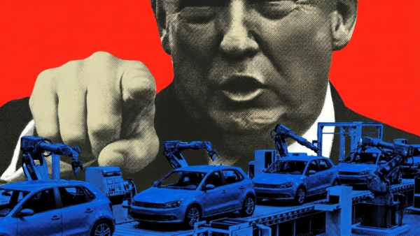 An assembly line at a car factory, with Donald Trump pointing towards the viewer in the background | Illustration: Lex Villena; Midjourney