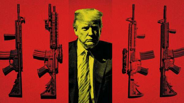 President Donald Trump flanked by military-style rifles | Midjourney