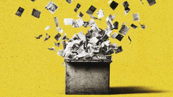 A ballot box explodes, sending shreds of U.K. voters' ballots flying. | Illustration: Midjourney