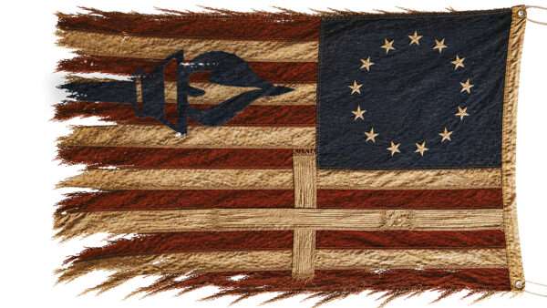 An illustration of an early American flag with a torch and a cross | Illustration: Joanna Andreason; Source images: iStock