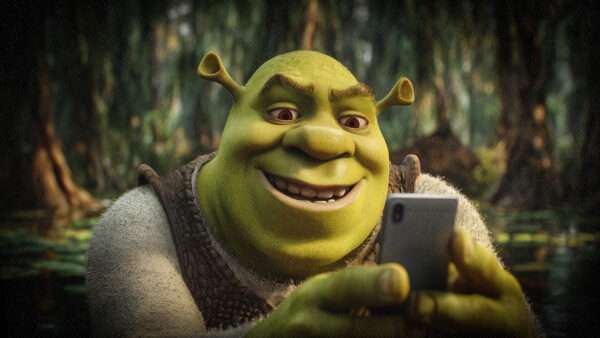 Shrek holding a smartphone | Midjourney