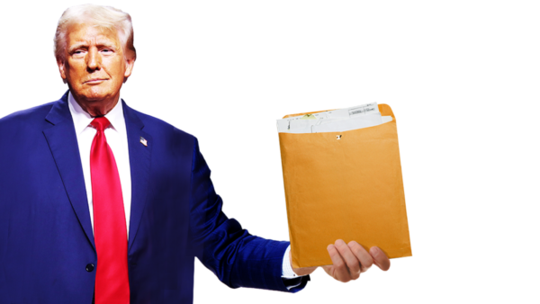 An illustration of Donald Trump holding a folder of papers | Illustration: Joanna Andreasson; Source images: iStock, Wikimedia