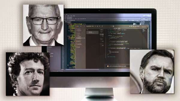 Photos of Tim Cook, Mark Zuckerberg, and J.D. Vance around a computer screen with code on it | IMAGO/Louis Grasse/PxImages/Newscommpi99/IMAGO/MediaPunch/Newscom/AdMedia/SIPA/Midjourney