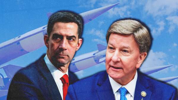 Senator Tom Cotton (on the left) and Representative Mike Rogers (on the right) with missiles in the background | Illustration: Tom Williams/CQ Roll Call/ANNABELLE GORDON/UPI/Newscom/Dmitry Kalinovsky/Dreamstime