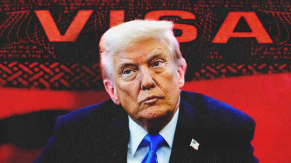 President Donald Trump against a red-tinted visa in the background | Dimarik16/Dreamstime/Aaron Schwartz/Pool via CNP/Mega/RSSIL/Newscom