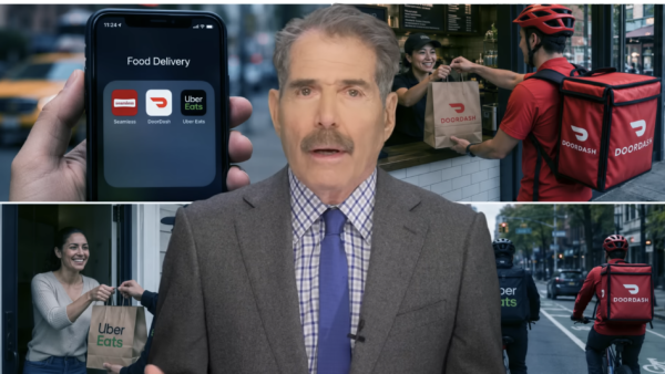 John Stossel is seen surrounded by photos of app-based workers | Stossel TV