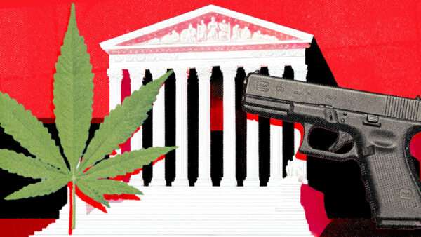 the Supreme Court building flanked by a cannabis leaf and a pistol | Midjourney