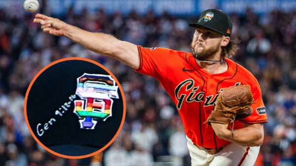 Landen Roupp of the San Francisco Giants pitches while wearing a Pride hat that says Genesis 9: 12-16 | Larry Placido/Icon Sportswire 788/Larry Placido/Icon Sportswire/Newscom/Facebook