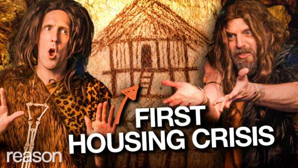 Austin Bragg and Andrew Heaton as cavemen arguing over a drawing of a proposed hut. An arrow points to the hut above the words First Housing Crisis | Adani Samat