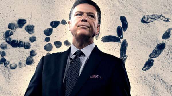 Former FBI Director James Comey against a backdrop of his "86 47" seashell picture | Justin Tang/Zuma Press/Newscom/Instagram/James Comey