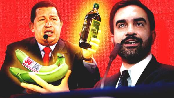 Hugo Chávez holds bananas and a bottle of cooking oil beside Zohran Mamdani. | NYCMayor/X/Jerry Lara/ZUMA Press/Newscom