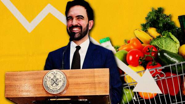 Zohran Mamdani, produce, a white downward arrow, and a yellow background | Paul Prescott/Dreamstime, John Taggart/ZUMAPRESS/Newscom Illustration: Fatima Ruiz