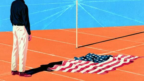 A man standing on a field at an American flag on the ground | Adani Samat/Midjourney