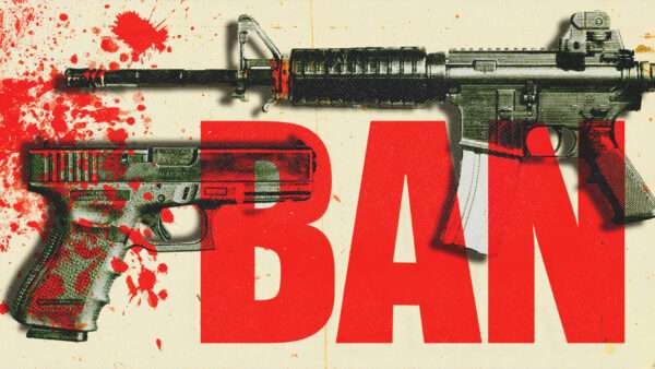 a riflle and a pistol overlaid with the word "ban" | Midjourney