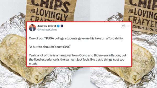 A screenshot of an X post by Andrew Kolvet about $20 burritos | X/James Andrews/Dreamstime
