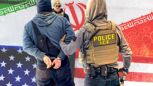 An ICE agent grabs the arm of a cuffed man with the Iran and United States flags in the background | Adani Samat/Lakshmiprasad S/Dreamstime/usicegov/Flickr