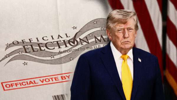 Trump in the foreground, the American flag to the side, a mail-in ballot in the background | Photo: Sipa USA/Newscom/Kilmermedia/Dreamstime