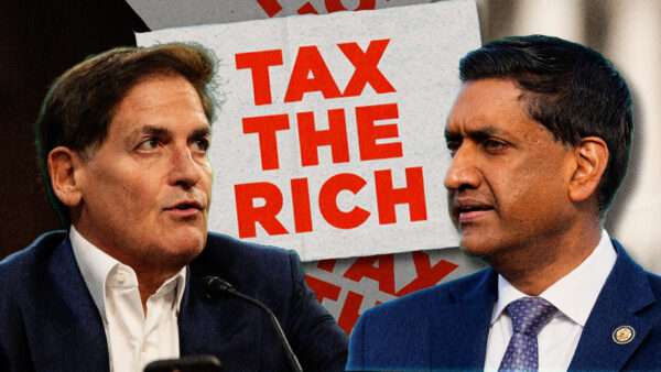 Mark Cuban and Ro Khanna are seen with a "tax the rich sign" between them | Photos: Mattie Neretin - CNP /MEGA/RSSIL/Bill Clark/CQ Roll Call/Newscom. Illustration: Fatima Ruiz/Midjourney