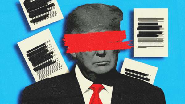 An illustration of Donald Trump surrounded by redacted documents | Joe Sohm/Dreamstime/Midjourney