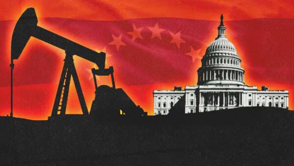 Oil drilling machinery on the left, the U.S. Capitol on the right and the Venezuelan flag in the background | Illustration: Midjourney/Ruletkka/Dreamstime