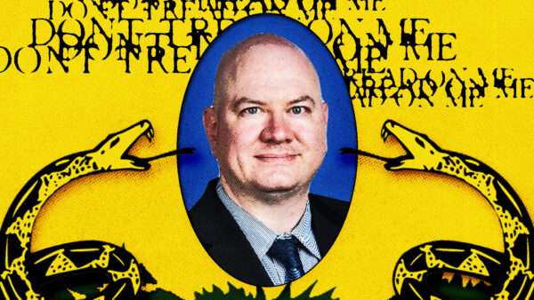 A photo of Daniel McCarthy in the middle of two snakes, a yellow background, and "Don't Tread on Me" stamped across the image | ToryAnarchist/X/Wiki Commons/Fatima Ruiz.