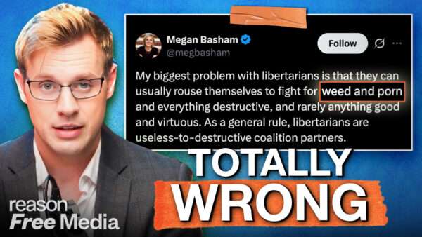 Robby Soave next to a screenshot of a tweet from Megan Basham about how libertarians only care about weed and porn | Fatima Ruiz