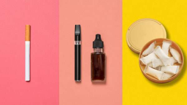 An illustration showing a cigarette, a vape, and nicotine pouches | Adani Samat/Midjourney/Iryna Piskova/Dreamstime