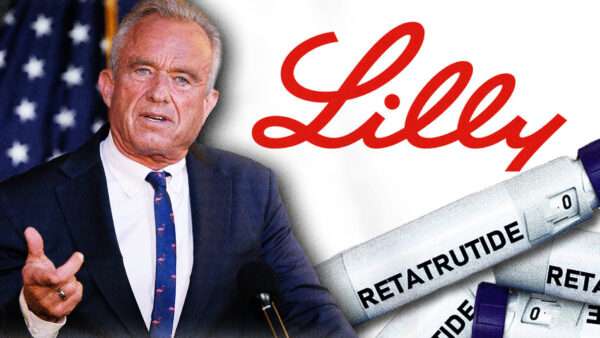 RFK Jr. on the left in front of an American flag, the Eli Lilly logo and a pen of retatrutide on the right | Photo: Jonathan Alcorn/ZUMAPRESS/Newscom/Kateryna Borodina/Dreamstime