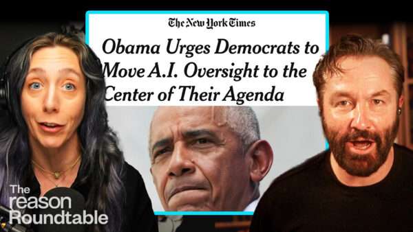 Katherine Mangu-Ward appears on the left. Peter Suderman appears on the right. In the center, a New York Times headline with an image of President Barack Obama appears that reads "Obama Urges Democrats to Move A.I. Oversight to the Center of Their Agenda." | Illustration: Adani Samat