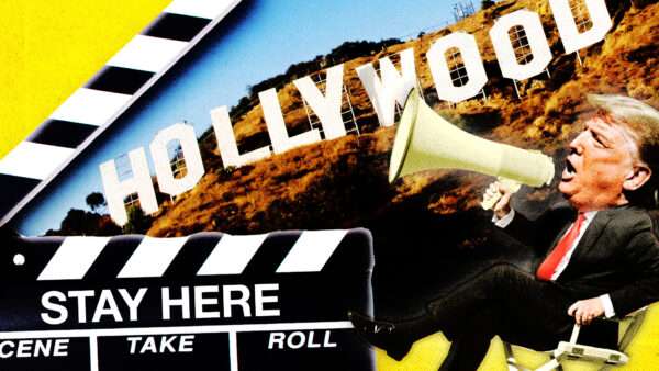 Hollywood sign, with a photo of Donald Trump | Photo: Dan Breckwoldt/Shutter2u/Dreamstime. Illustration: Fatima Ruiz/Midjourney.