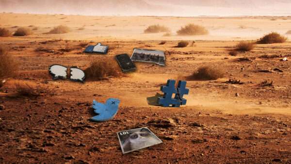 A dessert landscape with social media logos laying in the sand | Illustration: Joanna Andreasson; Source images: Unsplash, iStock