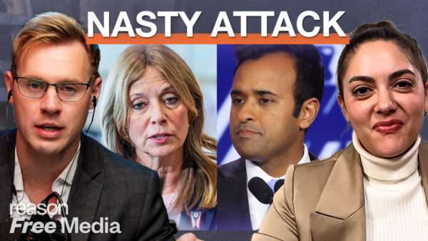 A YouTube thumbnail showing Robby Soave and Amber Duke on a background showing Amy Acton and Vivek Ramaswamy | Illustration: Adani Samat