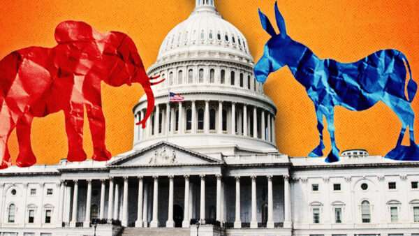 The Capitol building, with a red origami elephant and blue origami donkey on either side | Splosh/Skypixel/Dreamstime/Fatima Ruiz