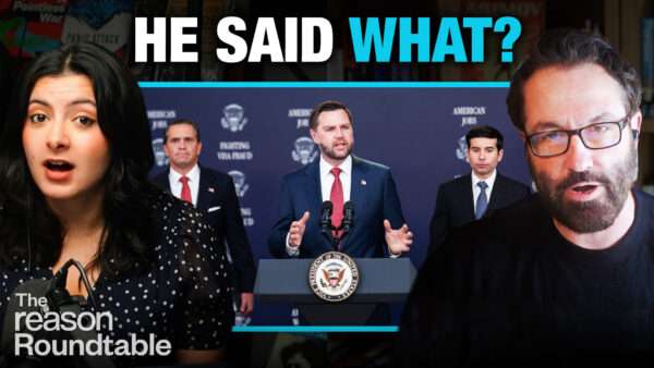 Reem Ibrahim appears on the left. Peter Suderman appears on the right. An image of Vice President J.D. Vance at the podium, flanked by members of the Trump administration appears in the center. Bold text across the top of the screen reads "HE SAID WHAT?" | Illustration: Fatima Ruiz