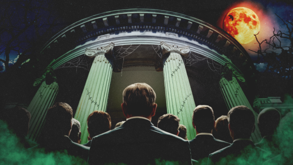 Zombies stare up at a depiction of the White House against a dark sky | Jakub Gojda/Igor Skryagin/Dreamstime/youranedopekin/Magnific/Mariam Zakaidze