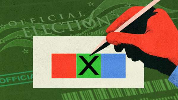 A hand writes an X in the green box on a ballot, between a red and blue box. | Illustration: Kilmermedia/Dreamstime/Midjourney