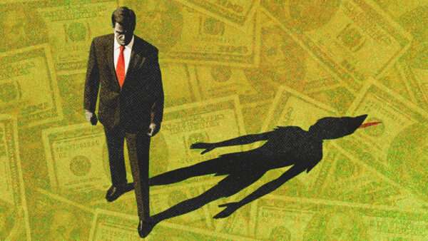 A green tinted background of U.S. paper money with a businessman standing on it who has a shadow that looks like Peter Pan | Illustration: Patrick Bryk/Dreamstime./Midjourney