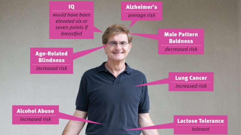 Ron Bailey poses, surrounded by labels showing genetic risk factors | Reason, January 2011