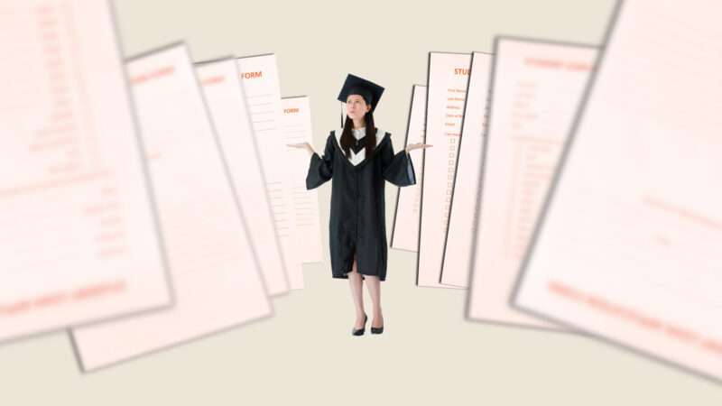 A woman in a cap and gown stands against a white background, with enlarged, photoshopped student loan papers beside her. | Illustration: Lex Villena; Photo 158651702 © Maksymiv7 | Dreamstime.com, Photo 106618145 © Chih Yuan Wu | Dreamstime.com
