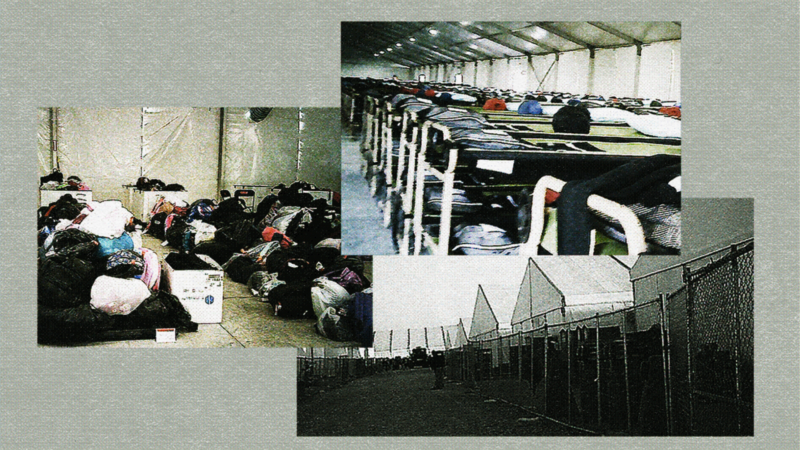 Collage of photos from inside Fort Bliss immigration facility