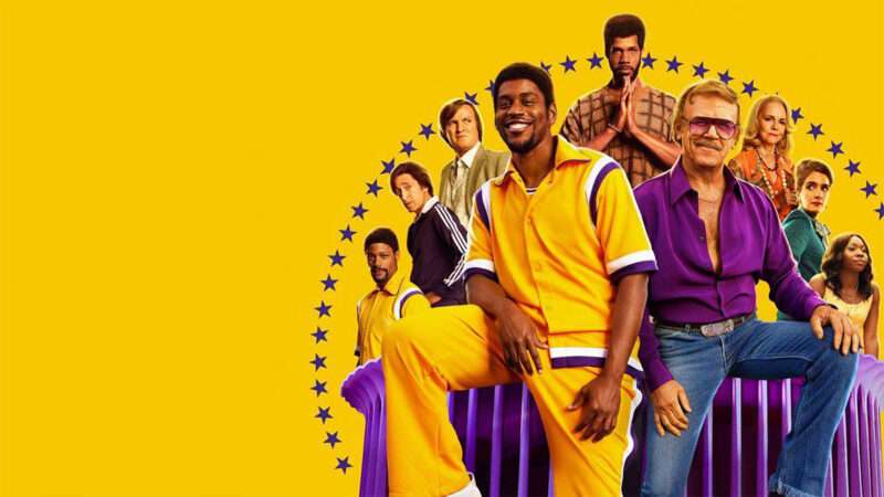 the cast of "Winning Time' on a yellow background