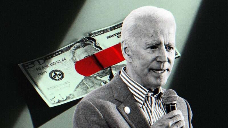 Candid image of Joe Biden overlaid over a spotlit graphic of money