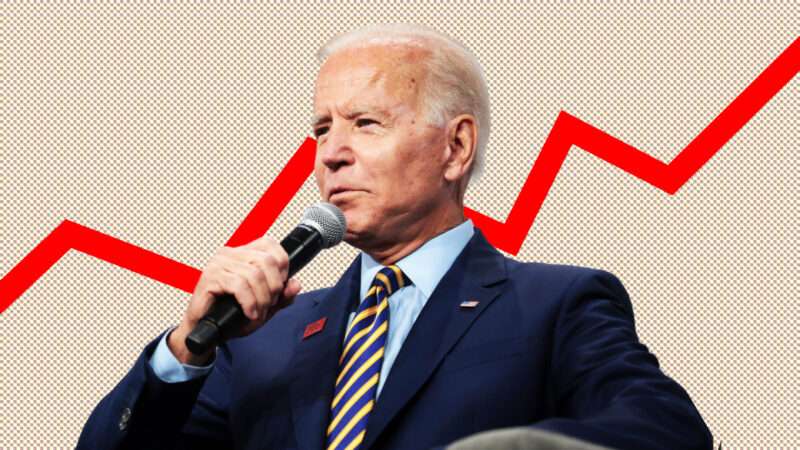 Candid photo Joe Biden speaking overlaid on a inflation graph