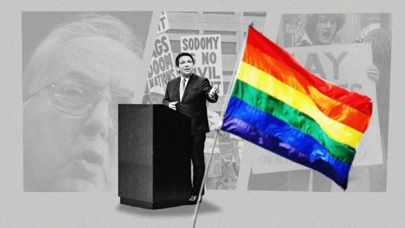 Florida Gov. Ron DeSantis shown along with a rainbow flag and images of LGBT historical activism. | Illustration: Lex Villena; Brian F. Alpert, Mark Reinstein, Scott Sharpe, MCT, ZUMAPRESS, Newscom