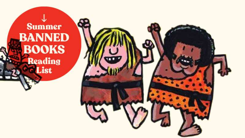 Dav Pilkey The Adventures of Ook and Gluk: Kung-Fu Cavemen from the Future banned book | Illustration: The Adventures of Ook and Gluk: Kung-Fu Cavemen from the Future (cover detail); Scholastic